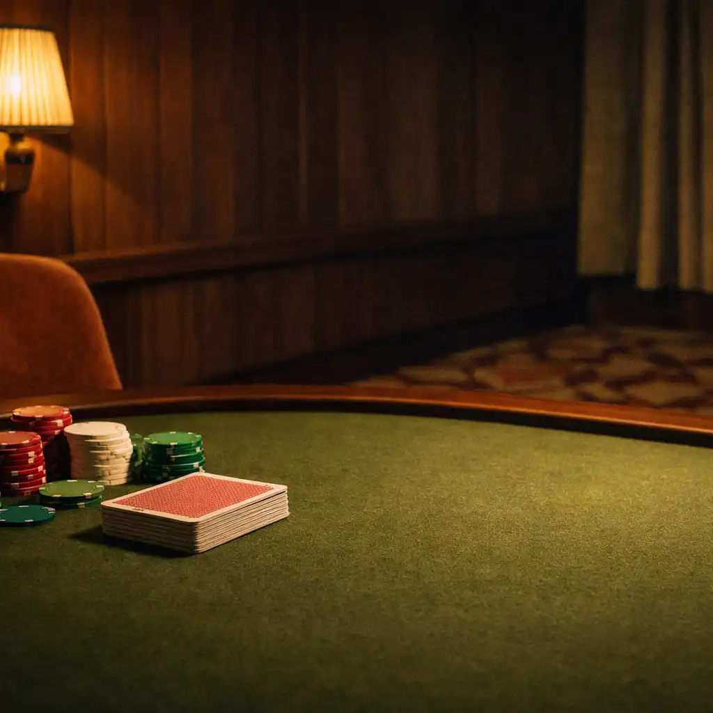 Prepared olive felt poker table with cards and chips in a warmly lit card room