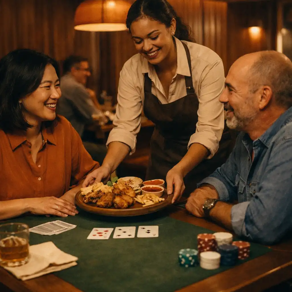 Guests at a card table sharing food and conversation with a hospitality team member