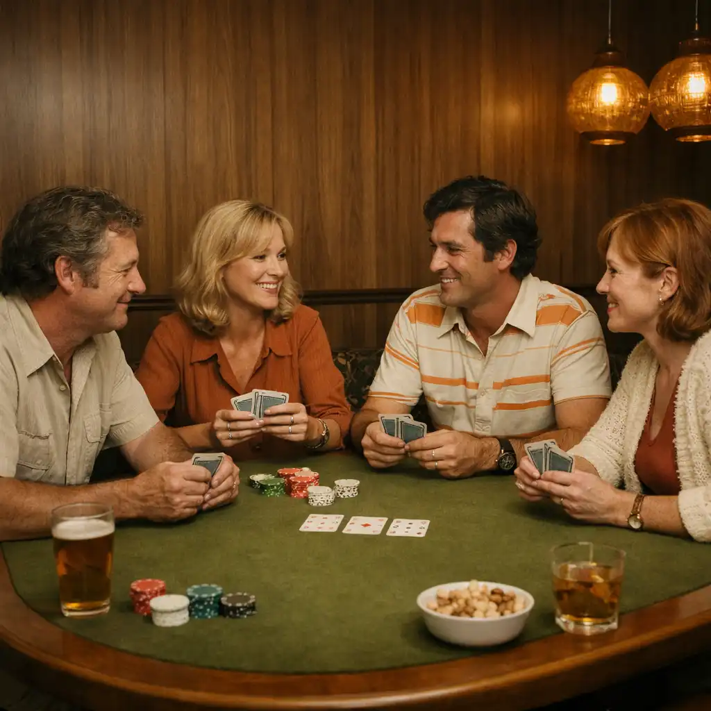 Friends sharing cards, drinks and conversation around an olive felt table