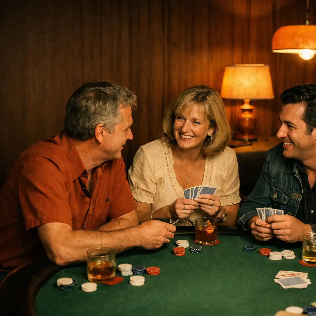 Guests gathered around an olive felt card table with cards, chips and cocktails in a warmly lit lounge