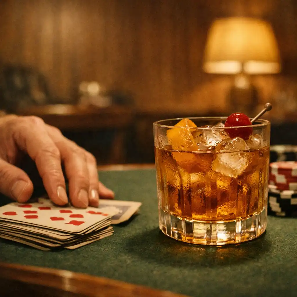 Cocktail, playing cards and chips on a felt-topped table with a guest hand reaching in