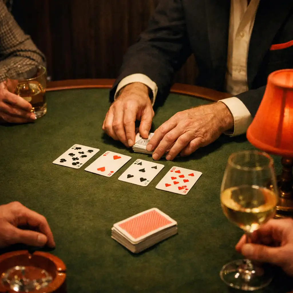 Host arranging playing cards on olive felt with guests gathered around the edge of the table