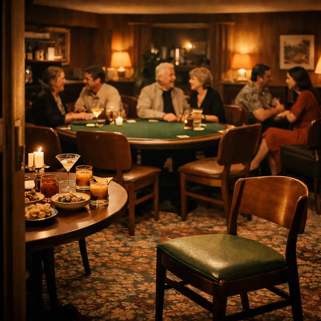 Warmly lit retro lounge with felt tables, walnut chairs and guests in relaxed conversation
