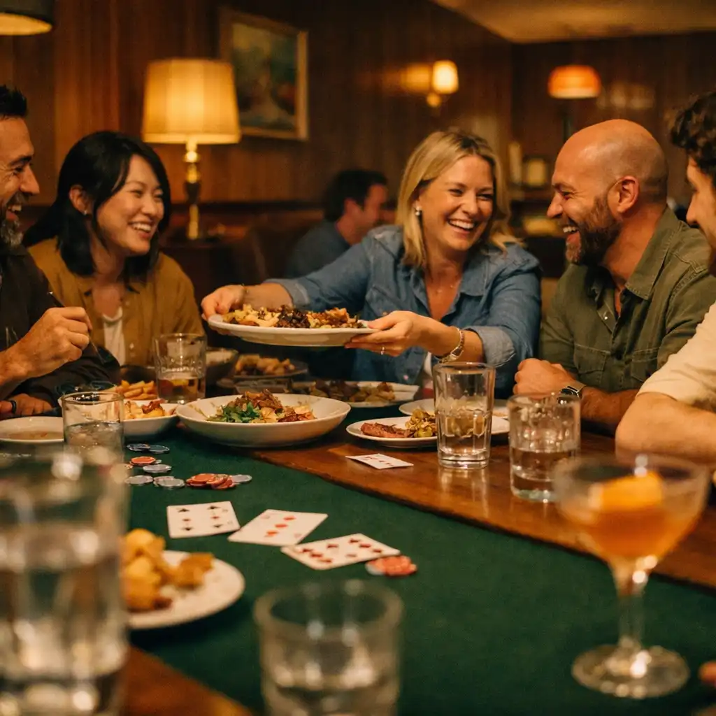 Friends sharing food, drinks and conversation across a long dining table with playing cards