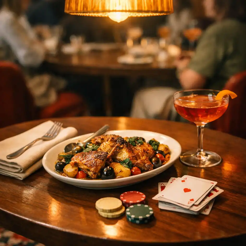 Plated shared dish, cocktail glass, napkin, cards and chips on a warmly lit walnut dining table
