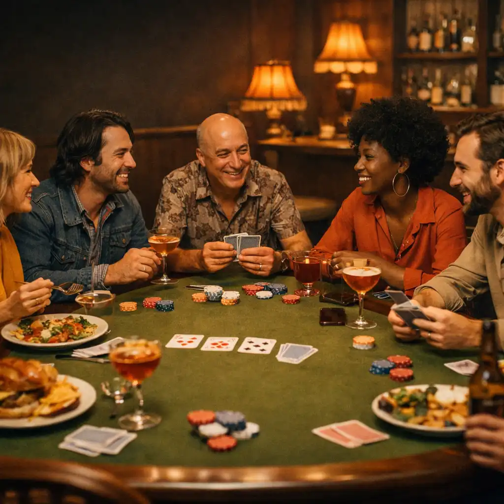 Adult friends sharing food, drinks, cards and conversation around an olive felt table