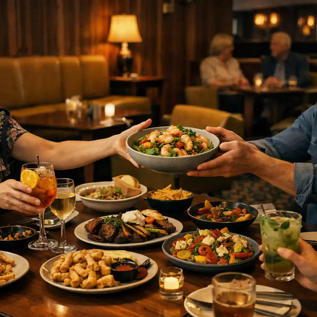Shared plates, drinks and hands passing food across a warm restaurant table