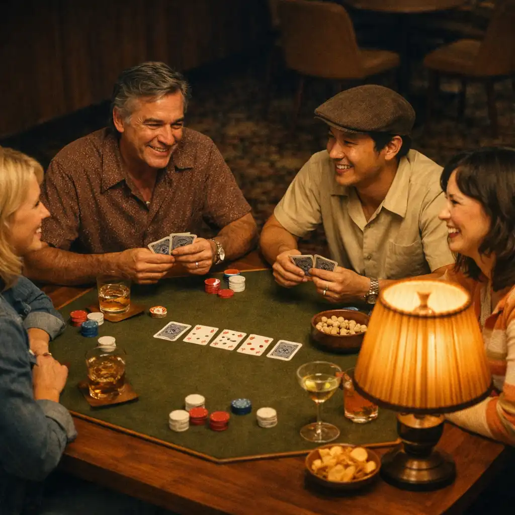 Guests sharing cards, food and conversation around a warm walnut table in the card lounge.