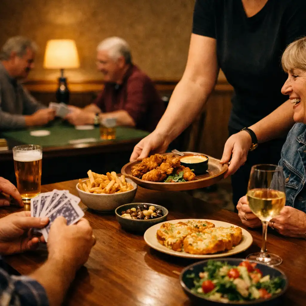 A server placing shared dishes on a walnut table as guests talk beside playing cards.