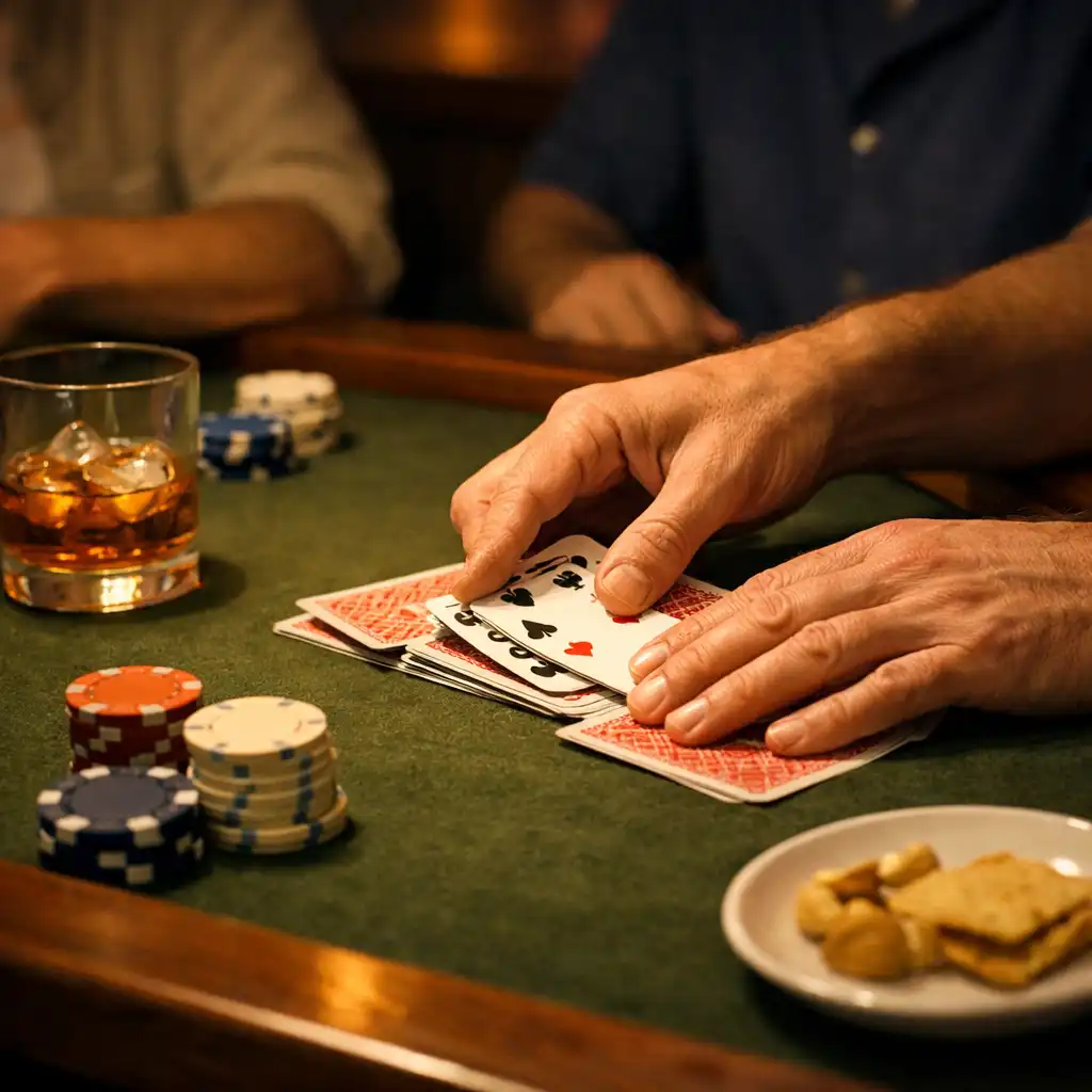 Hands arranging cards and chips on an olive felt table during an offline poker gathering