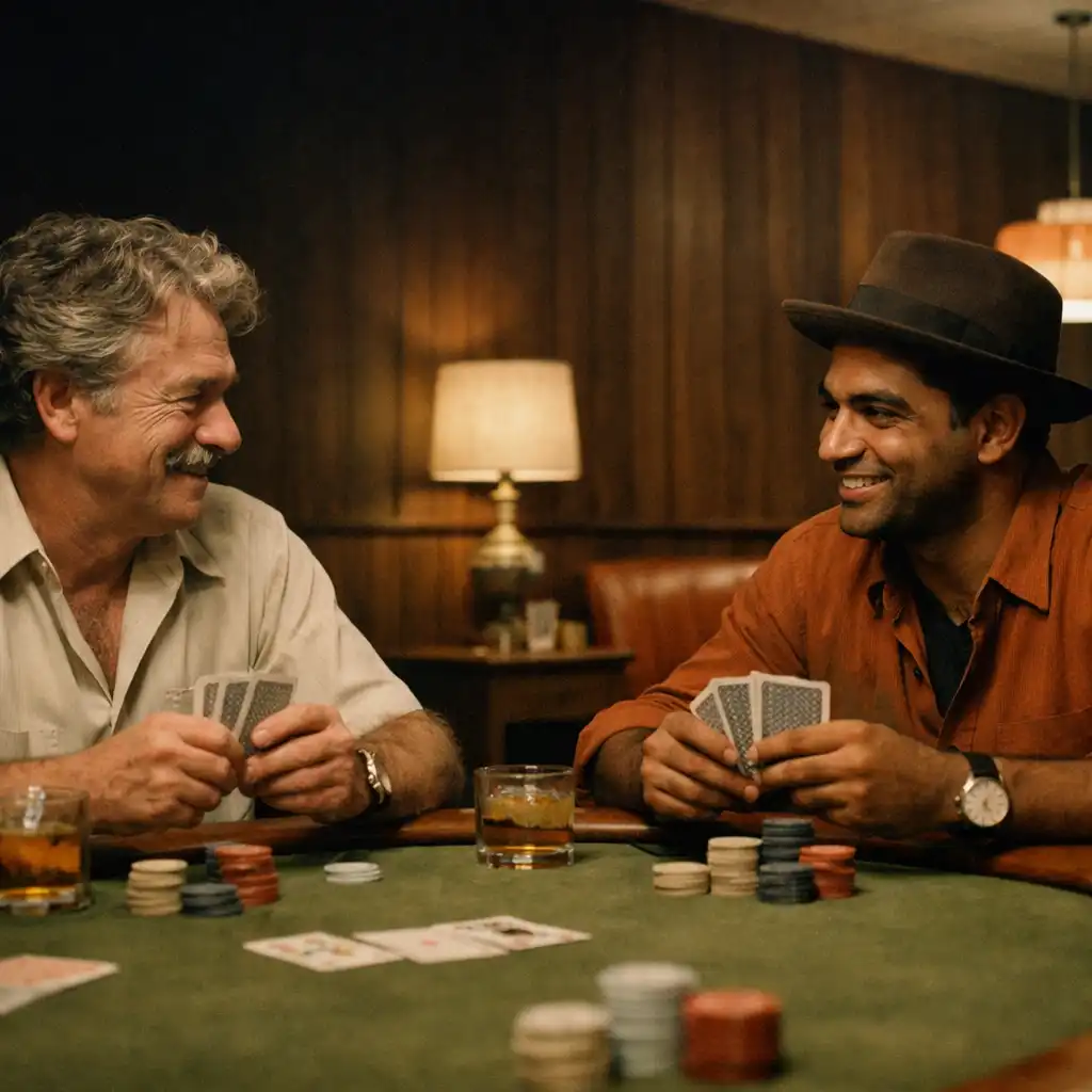 Two friends talking across an olive felt poker table in The Cardinal Table card lounge.