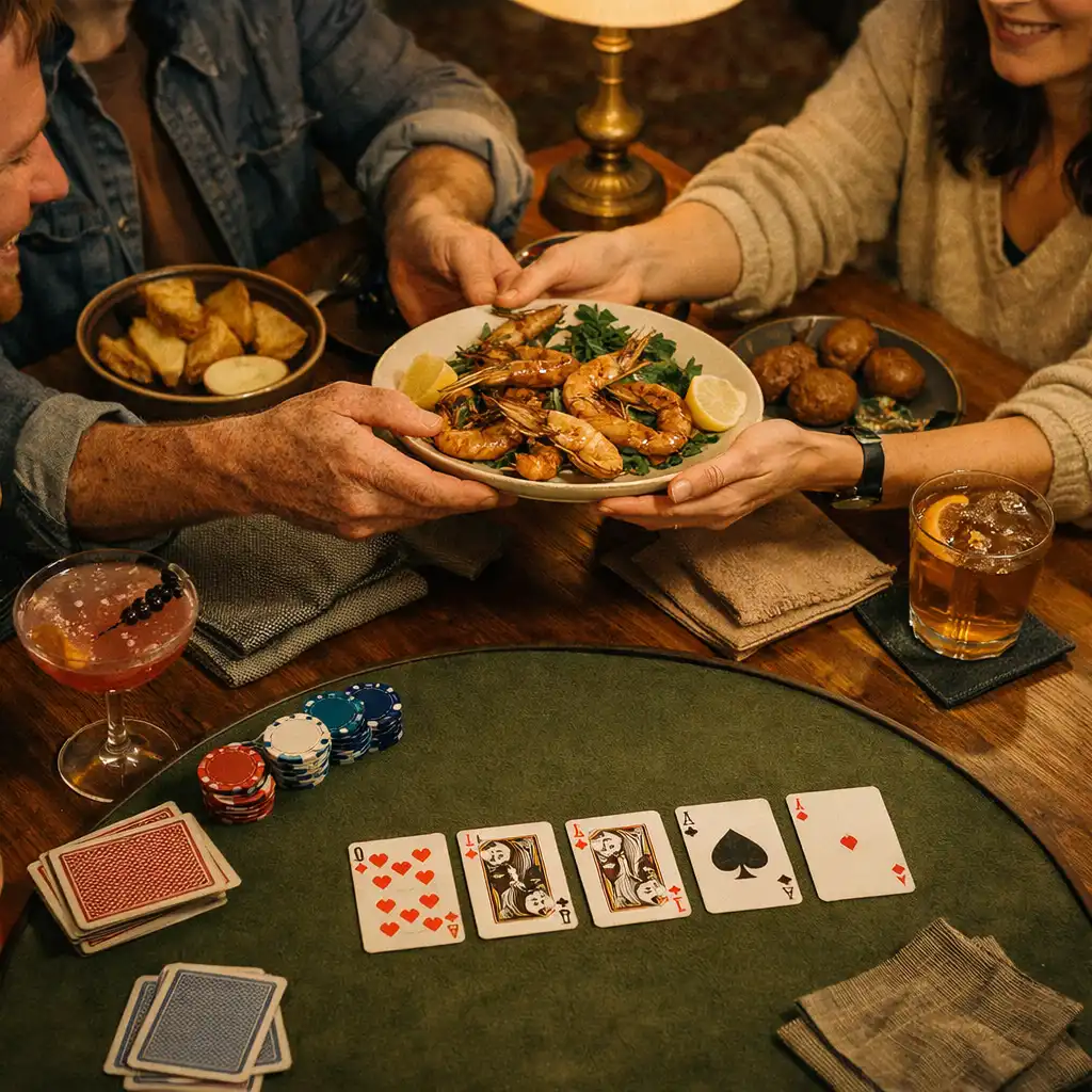 Friends sharing food and conversation beside cards on a table.