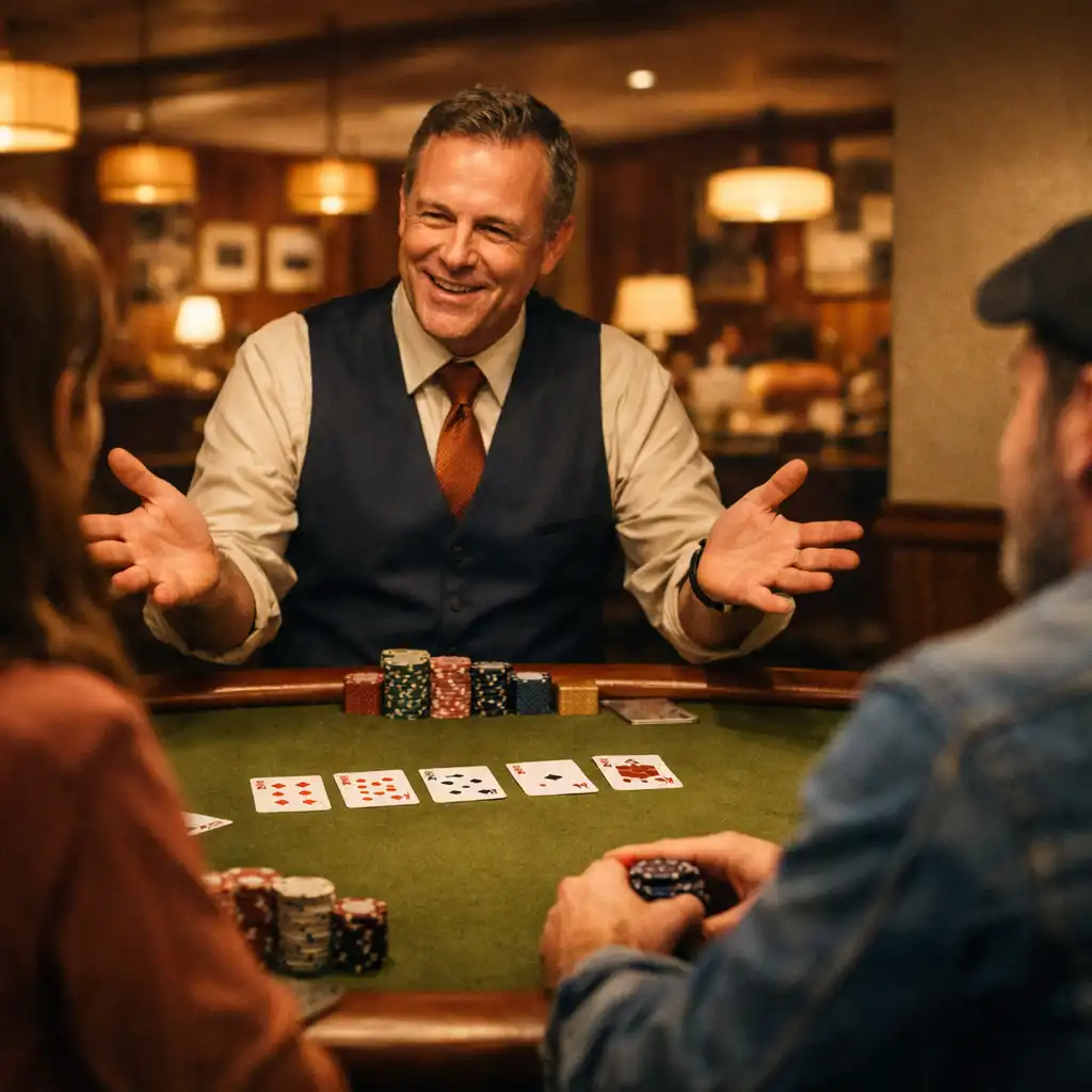 A card host gesturing across a felt table while guests listen in a warm card room.