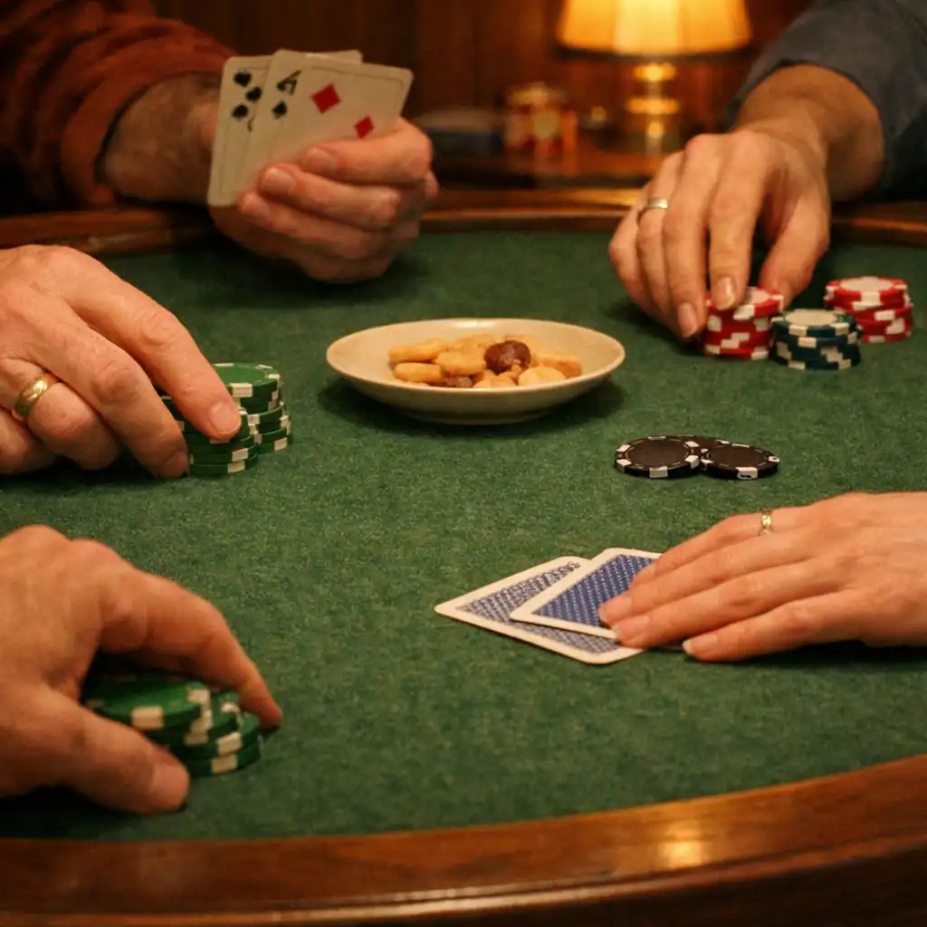 Hands arranging playing cards and chips on an olive felt table beside a shared snack plate