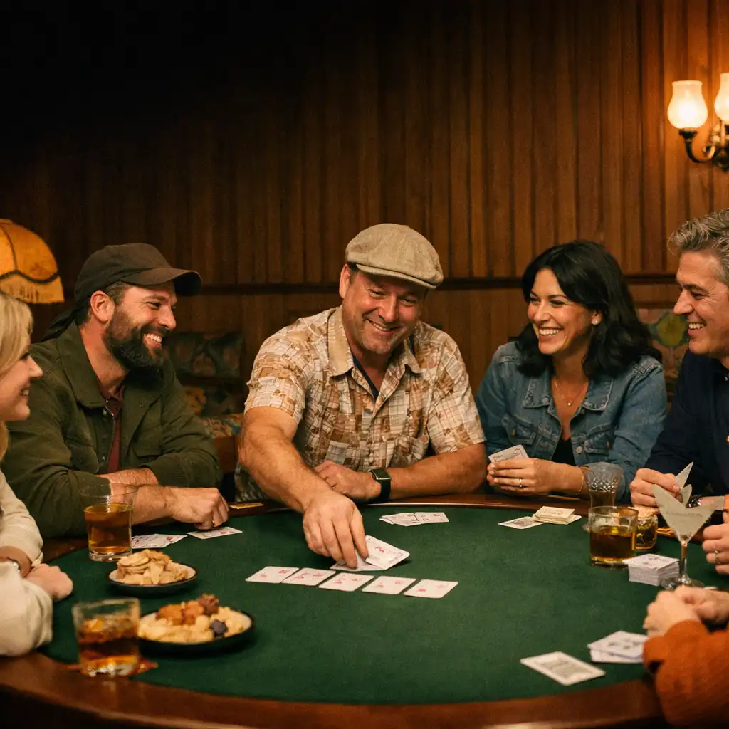 Guests and a host sharing cards, food and conversation around a green felt table in the card lounge