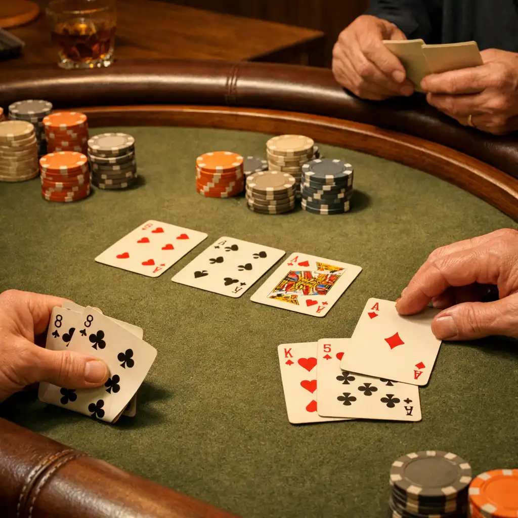 Close view of olive felt, walnut table rail, playing cards and hands at a friendly offline poker table.