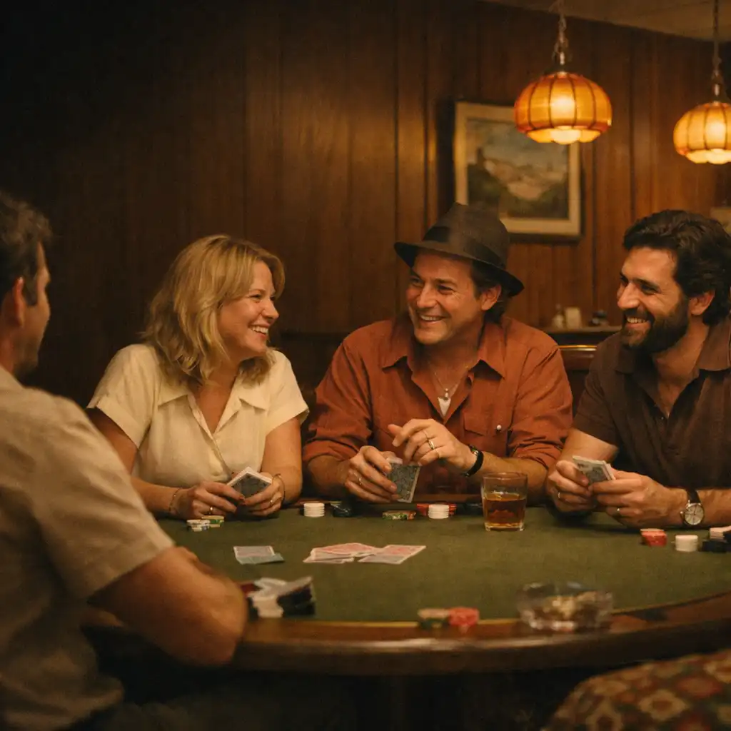 Friends in relaxed conversation around an olive felt poker table in a warmly lit card lounge.