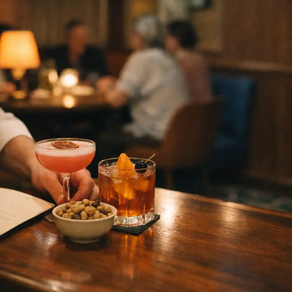 Cocktails being placed on a walnut bar in the warmly lit restaurant