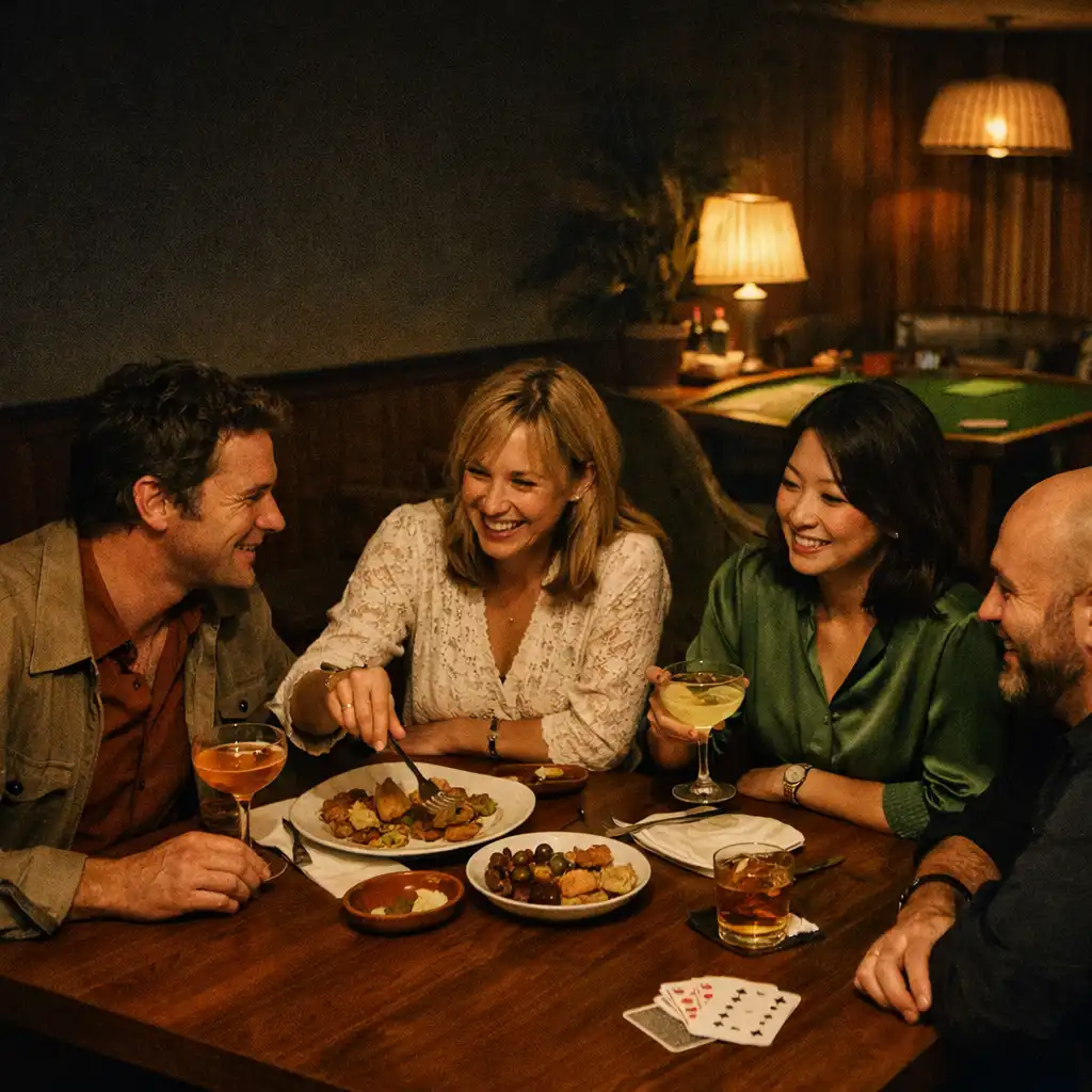 Friends sharing food and cocktails at a warmly lit walnut table