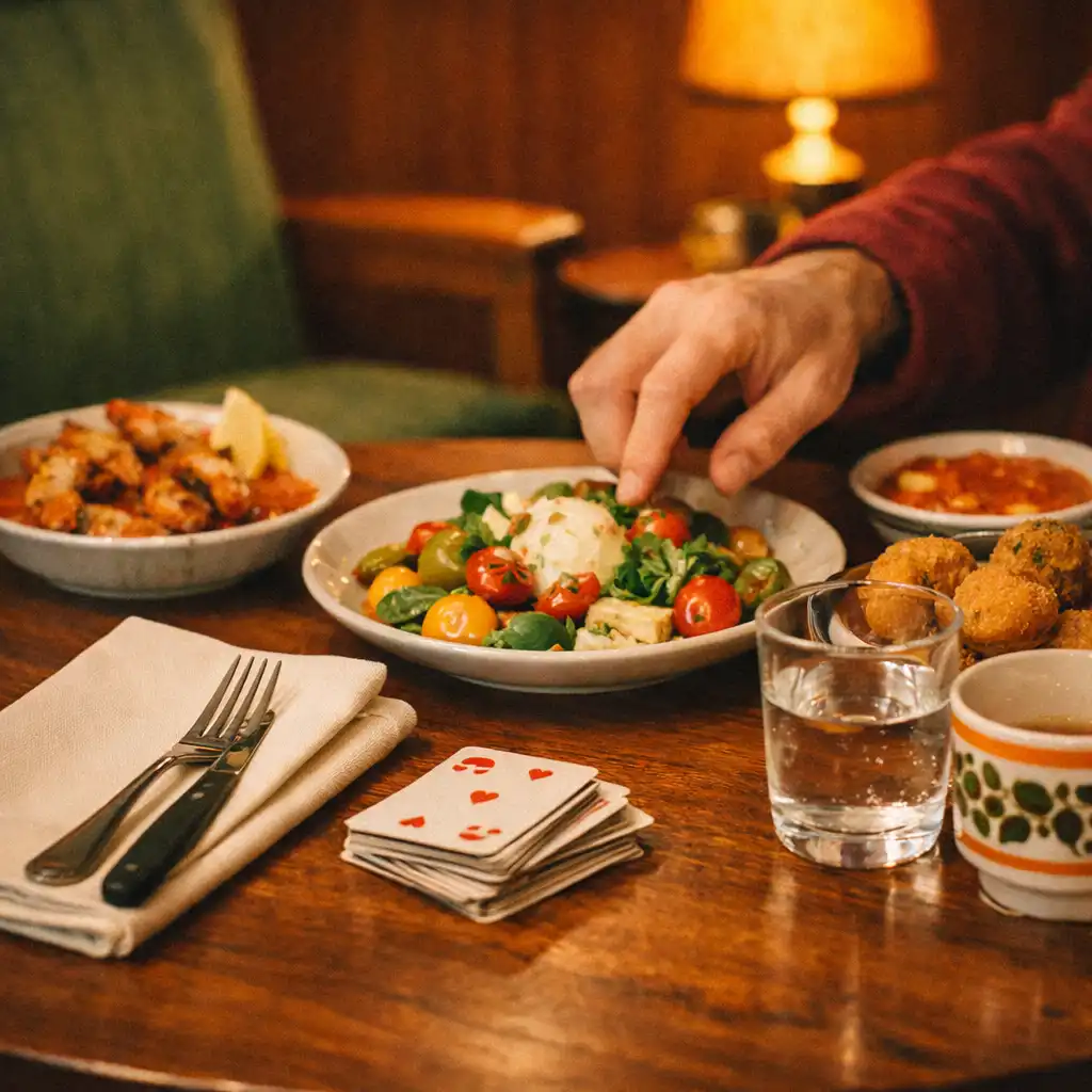 Shared dishes, linen, glassware and a guest hand reaching across a restaurant table
