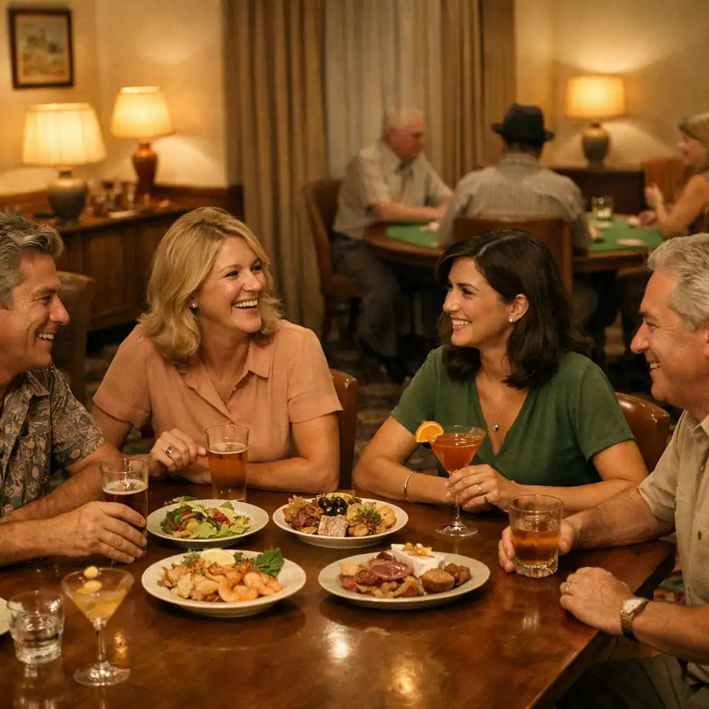 Guests sharing casual dishes and cocktails at a walnut table with the card lounge beyond