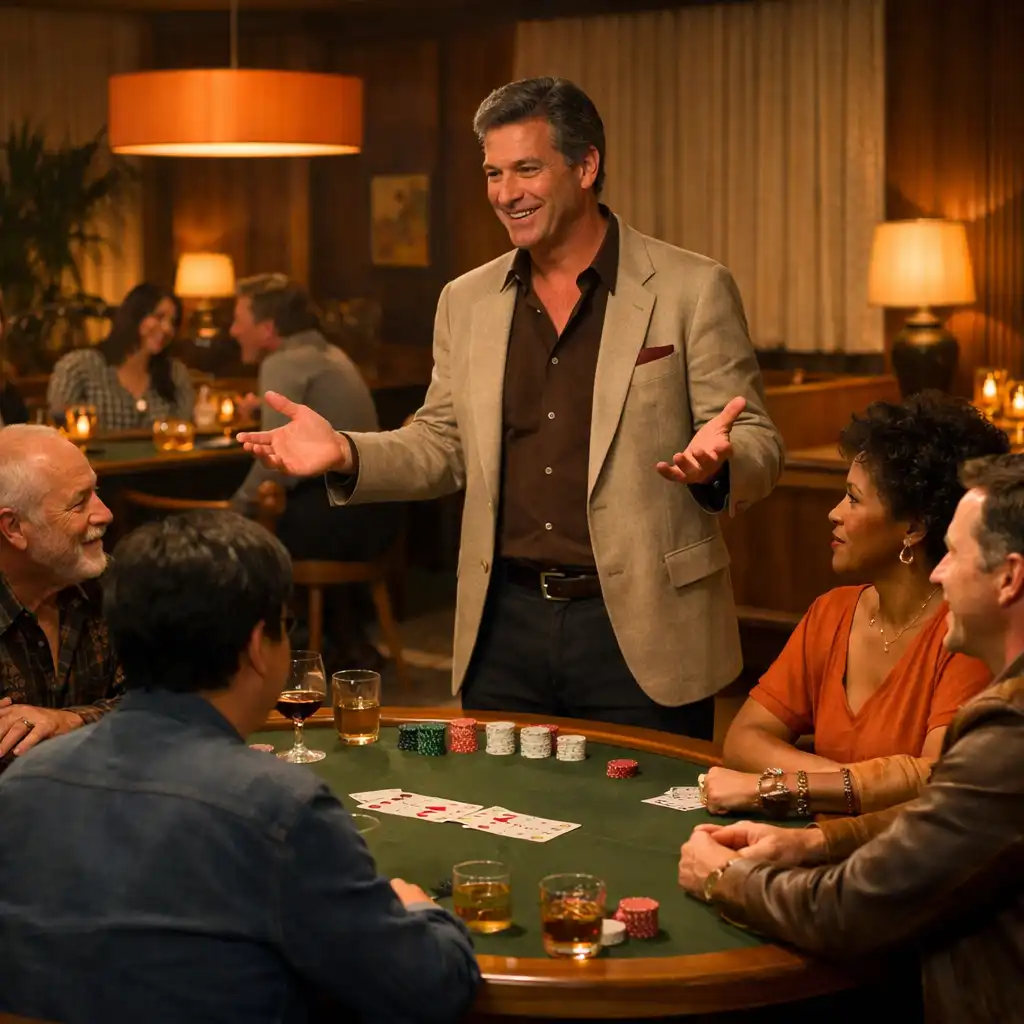 Host welcoming guests around a walnut-edged olive felt poker table in a warm card lounge.